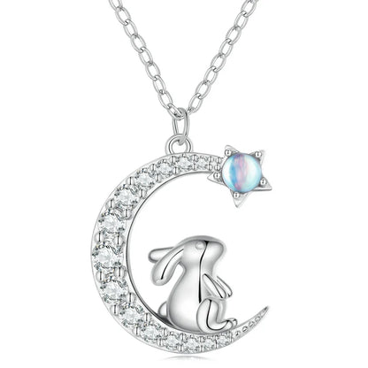 Cat & Rabbit Crescent Moon Necklace – 925 Sterling Silver