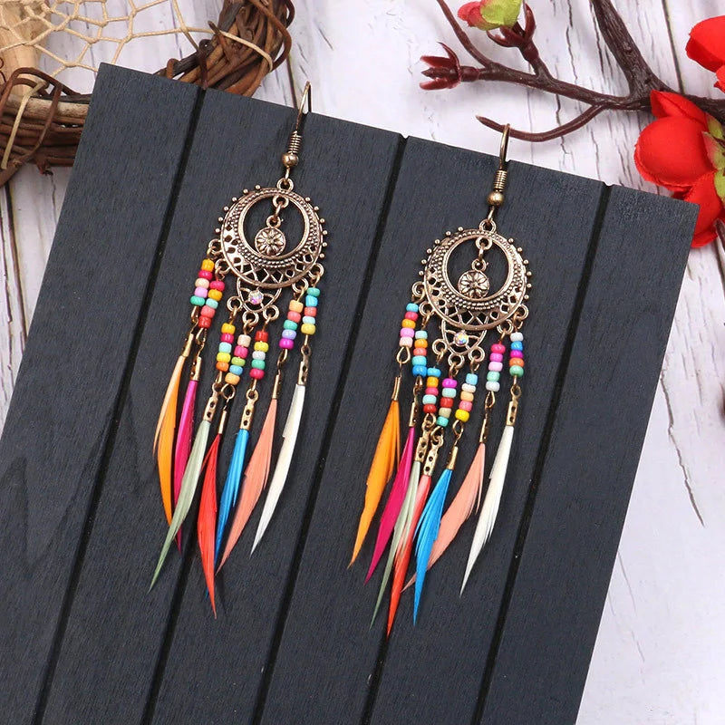 Bohemian Vintage Carved Leaf Feather Tassel Earrings