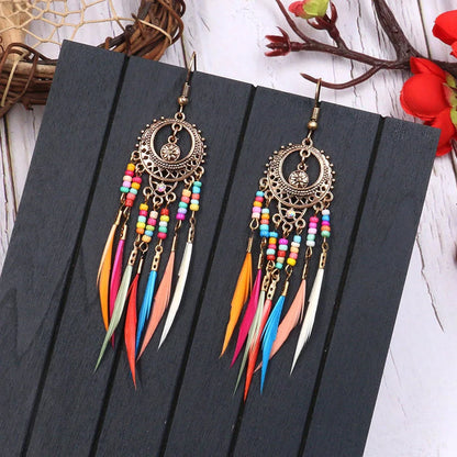 Bohemian Vintage Carved Leaf Feather Tassel Earrings