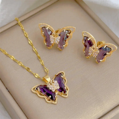 Butterfly Necklace & Earrings - Gold-Plated SS Jewelry Set