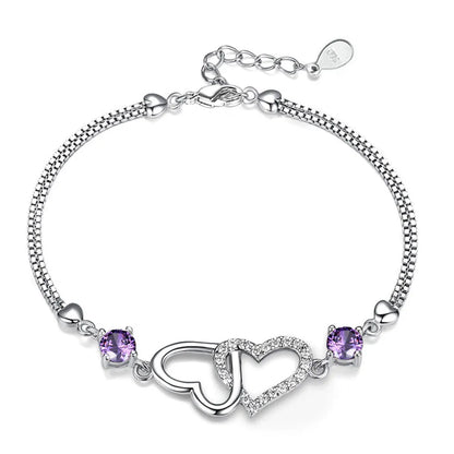 Amethyst Zircon Heart Charm Silver Bracelet
