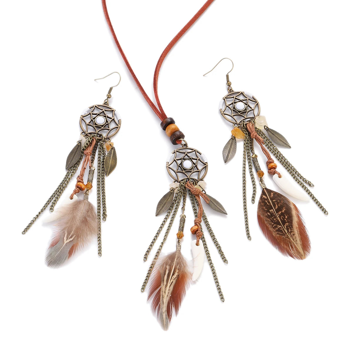 Vintage Boho Feather Tassel Earrings & Leaf Pendant Necklace