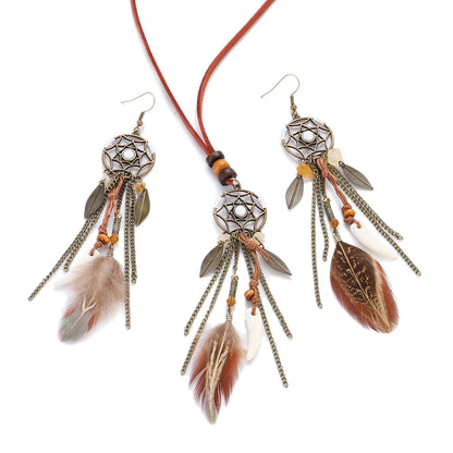 Vintage Boho Feather Tassel Earrings & Leaf Pendant Necklace