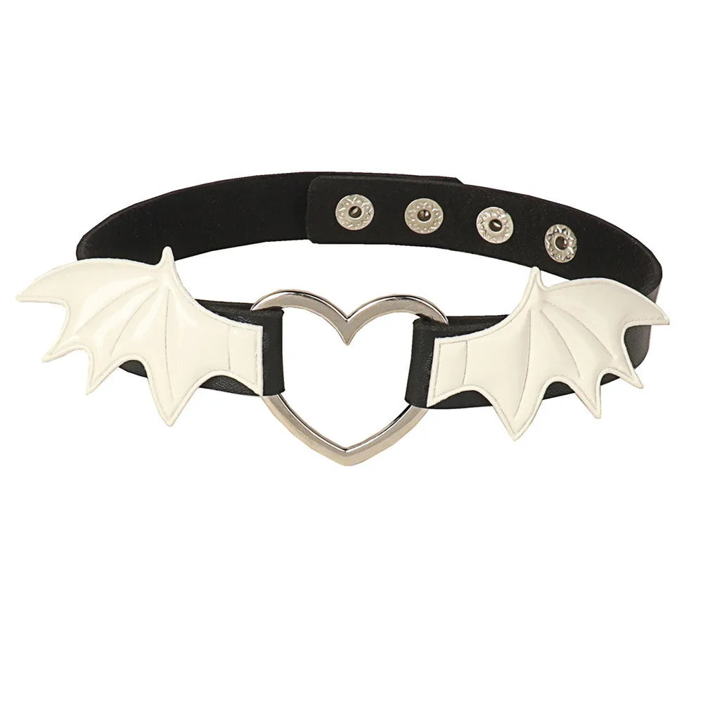 Gothic Bat Wing Choker - Leather Collar with Heart Pendant