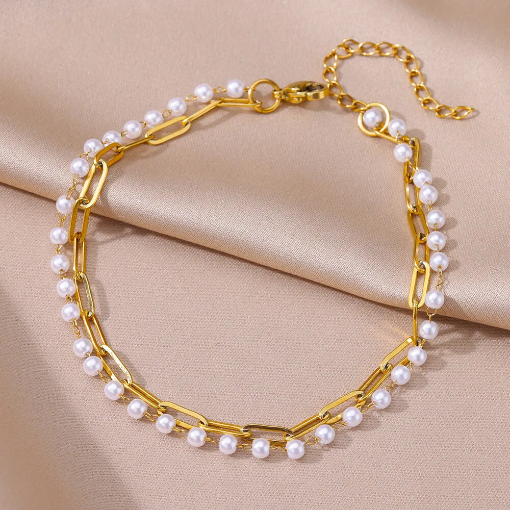 Gold Stainless Steel Imitation Pearl Anklet – Summer Beach Jewelry