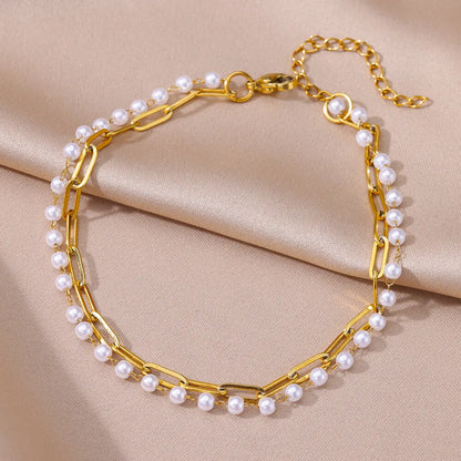 Gold Stainless Steel Imitation Pearl Anklet – Summer Beach Jewelry