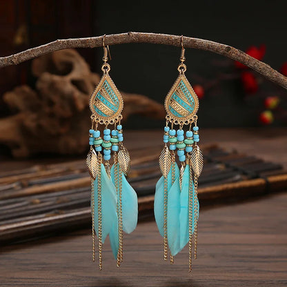 Boho Long Feather Tassel Earrings with Beads & Enamel