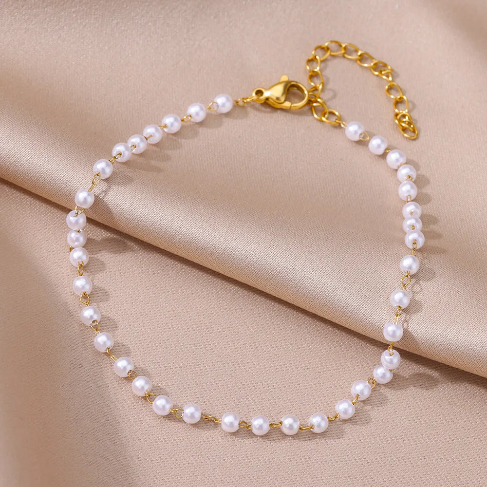 Gold Stainless Steel Imitation Pearl Anklet – Summer Beach Jewelry