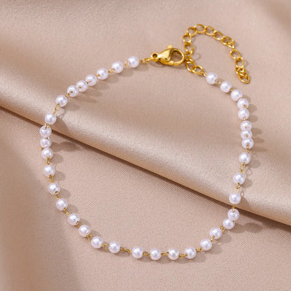 Gold Stainless Steel Imitation Pearl Anklet – Summer Beach Jewelry