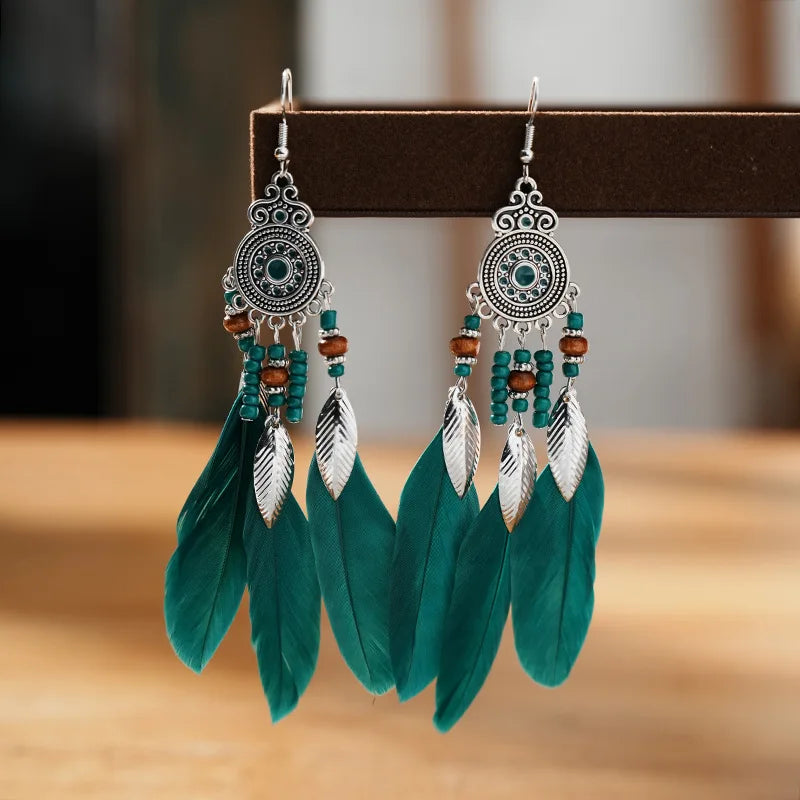 Bohemian Feather Tassel Drop Earrings with Wood Beads