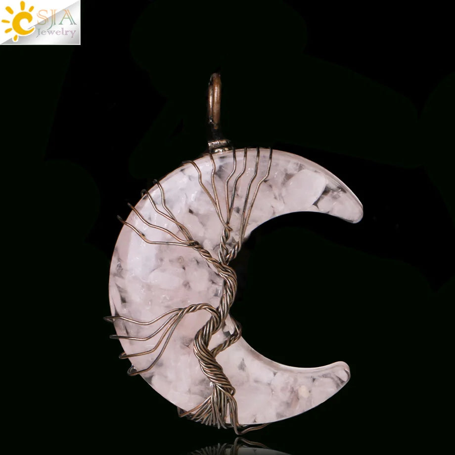Tree of Life Crescent Moon Pendant – Wire-Wrapped Crystal Necklace
