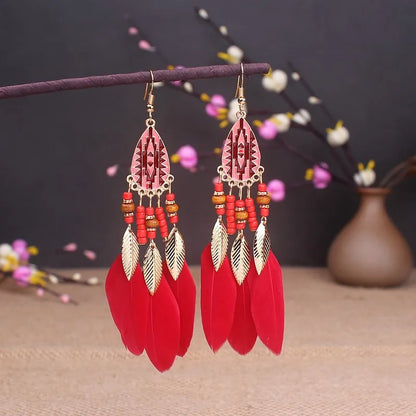 Boho Long Feather Tassel Earrings with Beads & Enamel