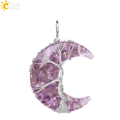 Tree of Life Crescent Moon Pendant – Wire-Wrapped Crystal Necklace