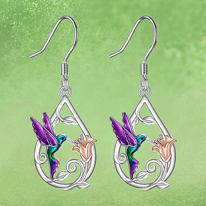 Hummingbird & Flower Drop Earrings