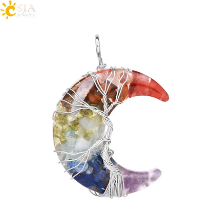 Tree of Life Crescent Moon Pendant – Wire-Wrapped Crystal Necklace