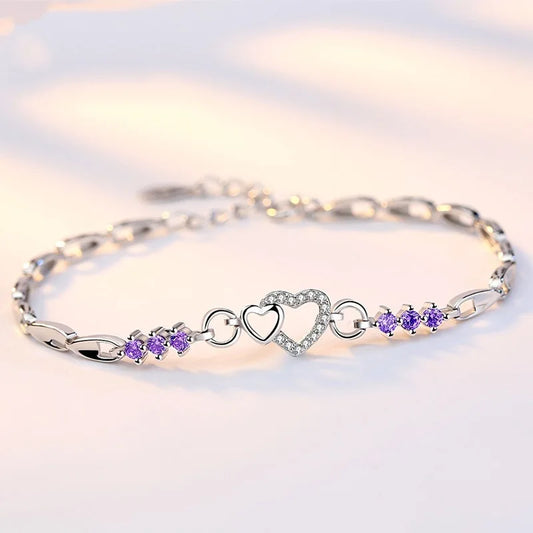 Crystal Zircon Heart Silver Bracelet