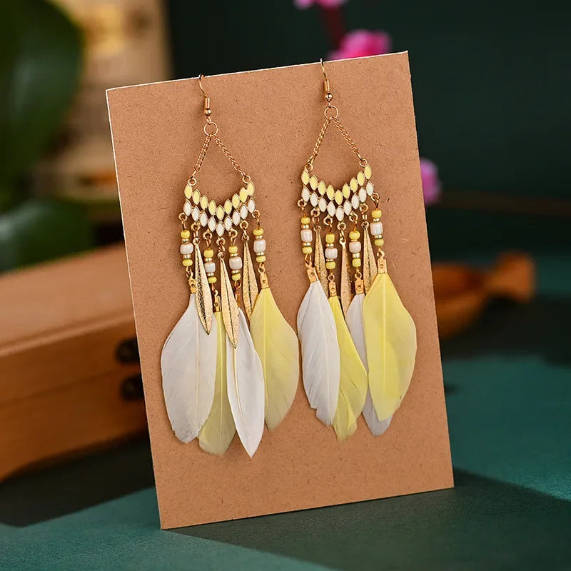 Bohemian Feather Dangle Earrings Long Tassel Colorful Beads