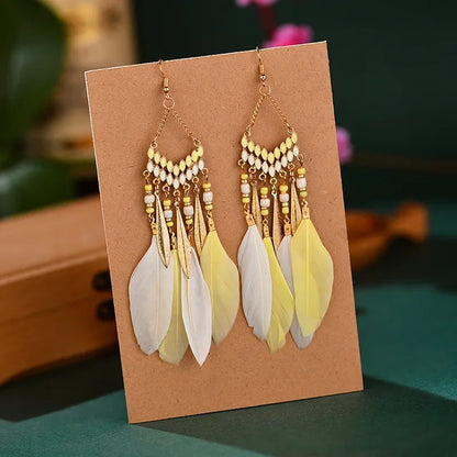Bohemian Feather Dangle Earrings Long Tassel Colorful Beads