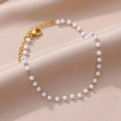 Gold Stainless Steel Imitation Pearl Anklet – Summer Beach Jewelry