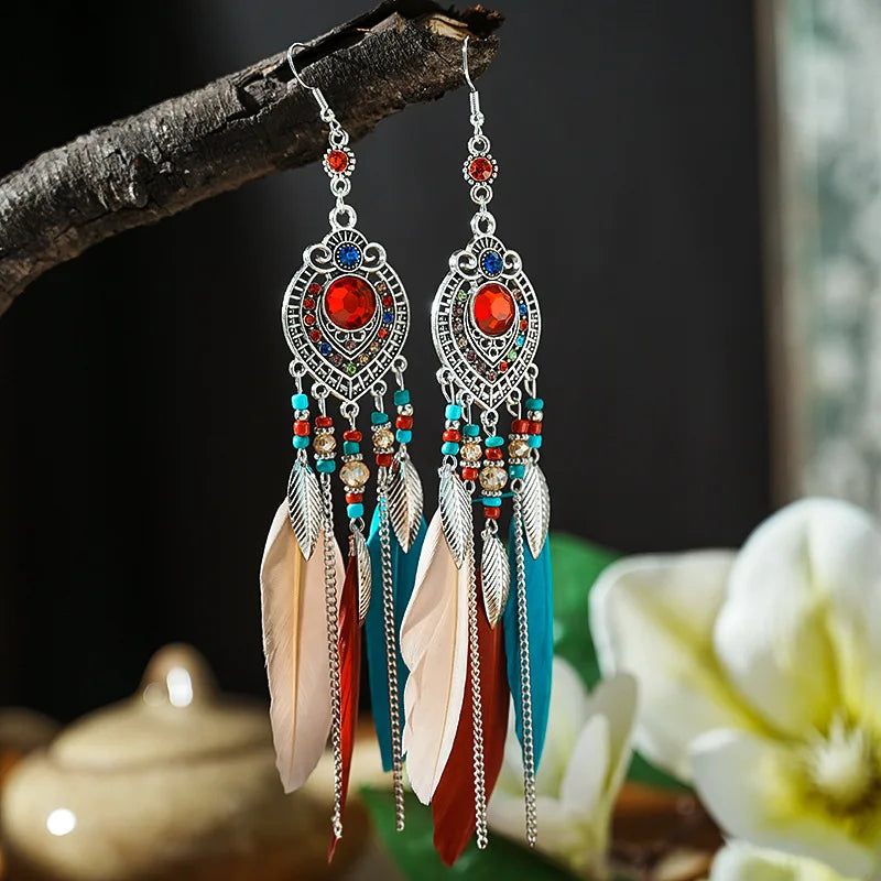 Boho Feather Tassel Earrings – Antique Silver Leaf Drop Earrings