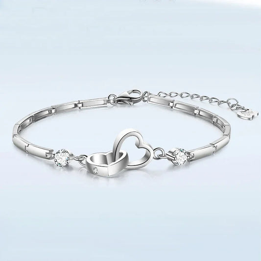 Double Heart Charm 925 Sterling Silver Bracelet