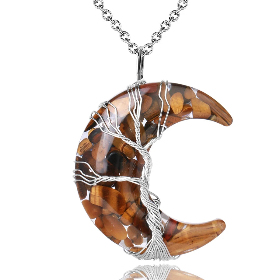 Tree of Life Crescent Moon Pendant – Wire-Wrapped Crystal Necklace